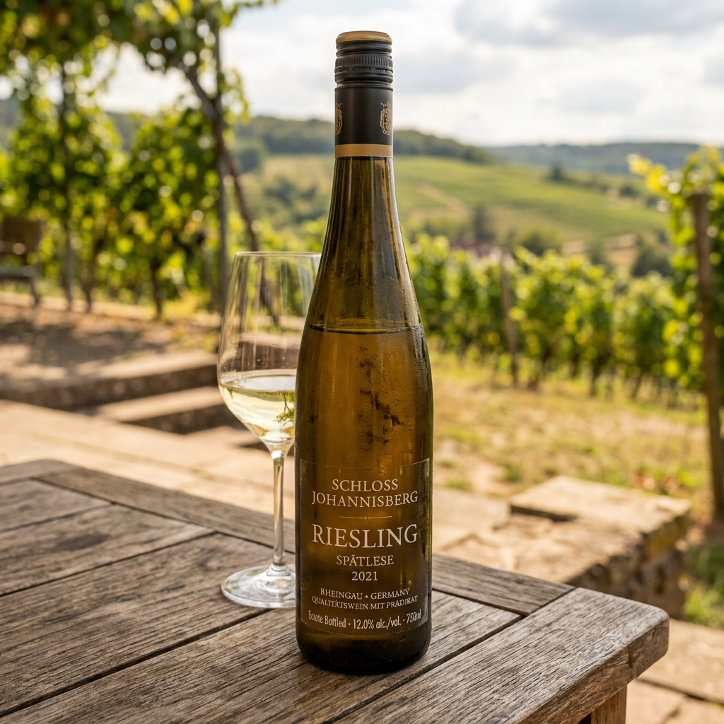 Bottle of Schloss Johannisberg Riesling Spätlese 2021 and glass of white wine on table with vineyard background
